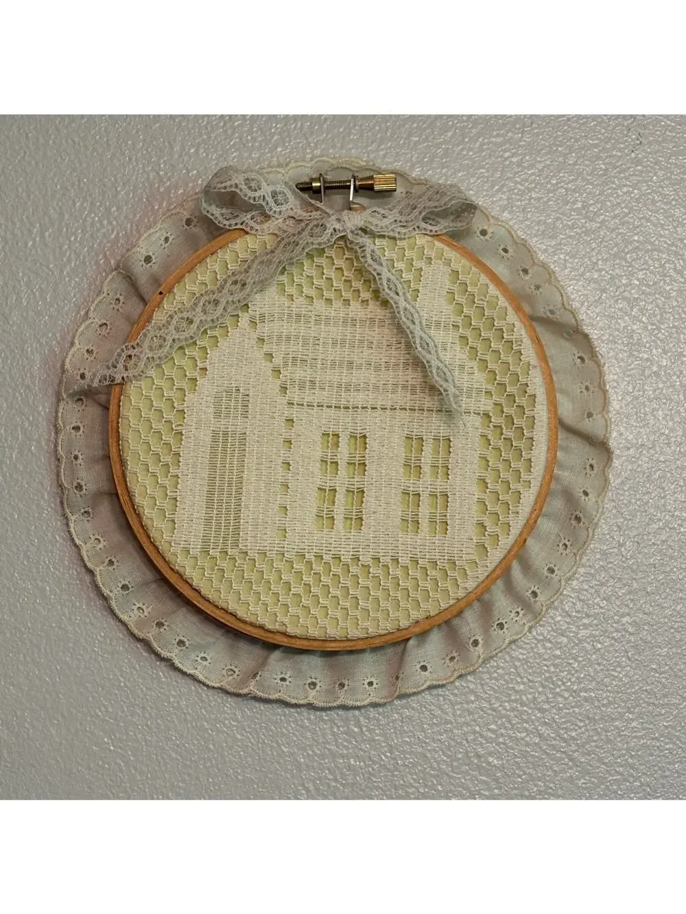 Vintage Round Victorian House Wall Hanging Cream Lace Embroidery in Hoop